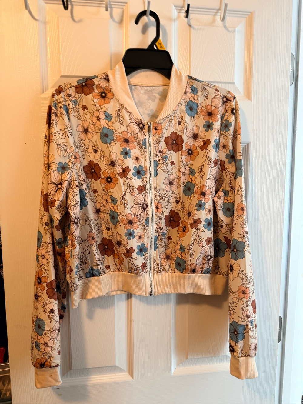 SHEIN Cream Bomber Jacket with Blue & Brown Floral Print